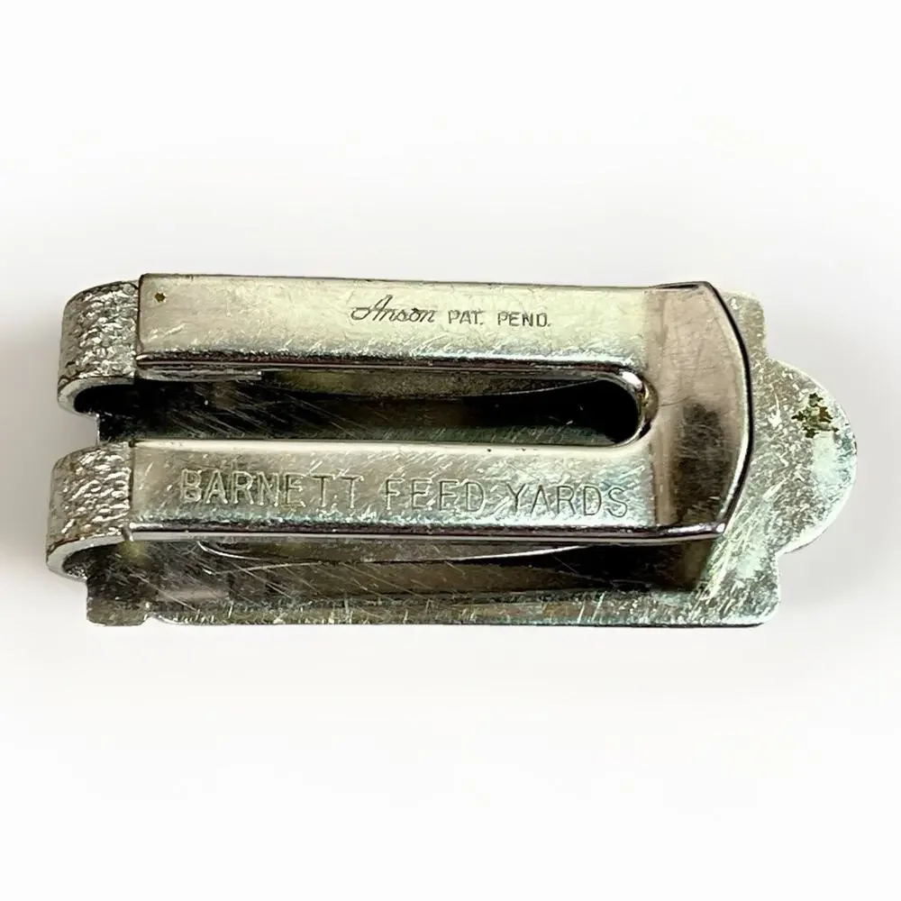 VTG ANSON Silver Tone Belt Buckle Money Clip BARNET FEED YARDS Mid Century USA